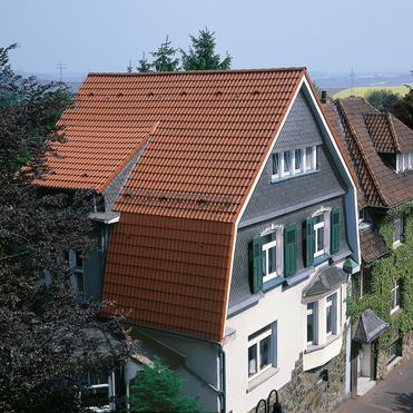 Dachansicht mehrerer Häuser mit roten Ziegeldächern, grünen Fensterläden und umgebenden Bäumen.